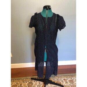 Rungolee Navy Eyelet Crochet Sheer Blouse with Beading and ruffle sleeves, sz S